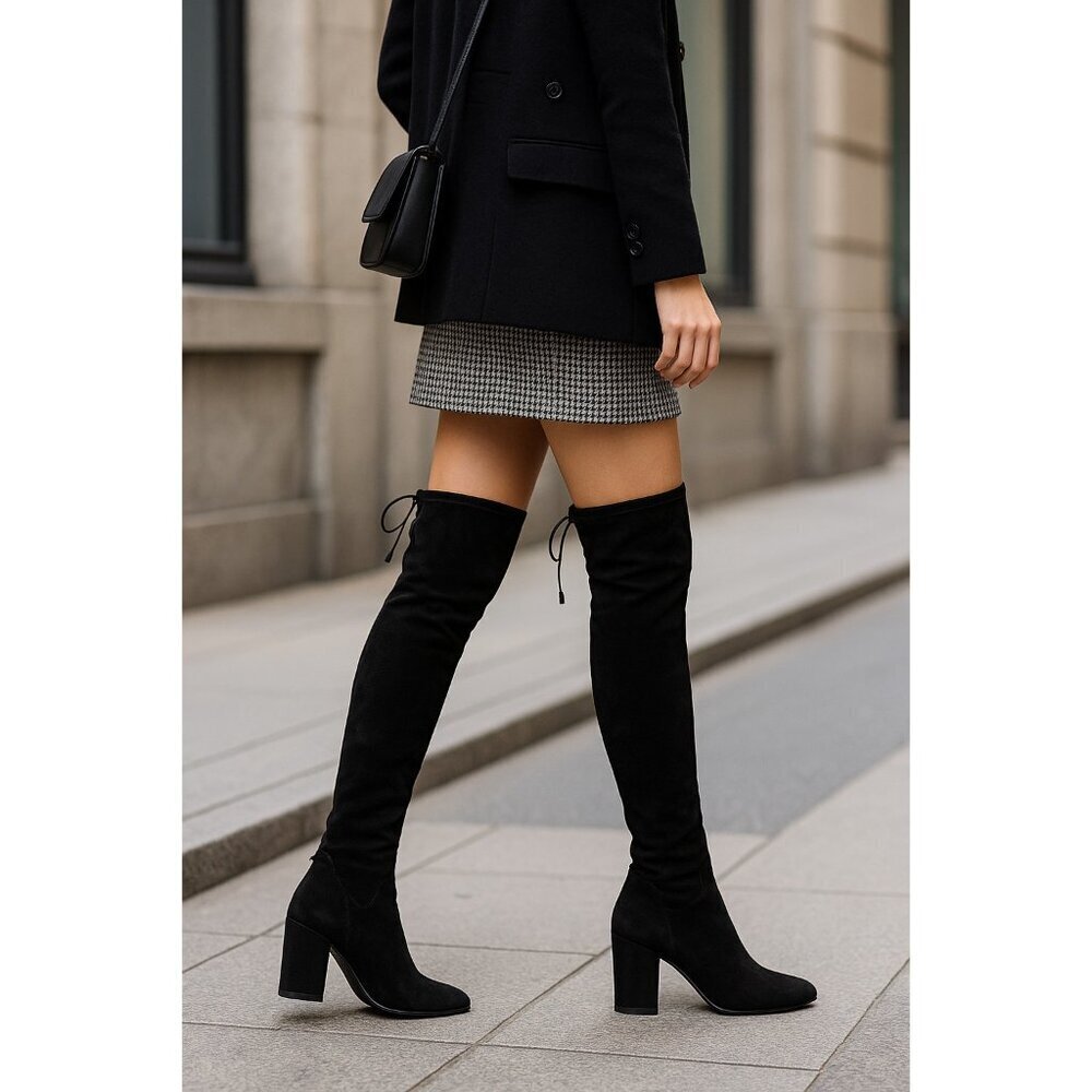 Aquatalia Women’s 6 Black Suede Over The Knee Boots Made in Italy Block Heel Tie